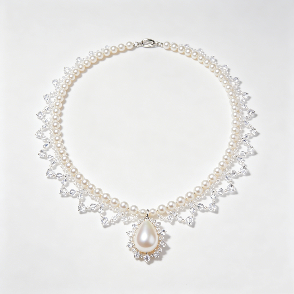 Crystal Fringe Pearl Bib Necklace with Teardrop Pendant