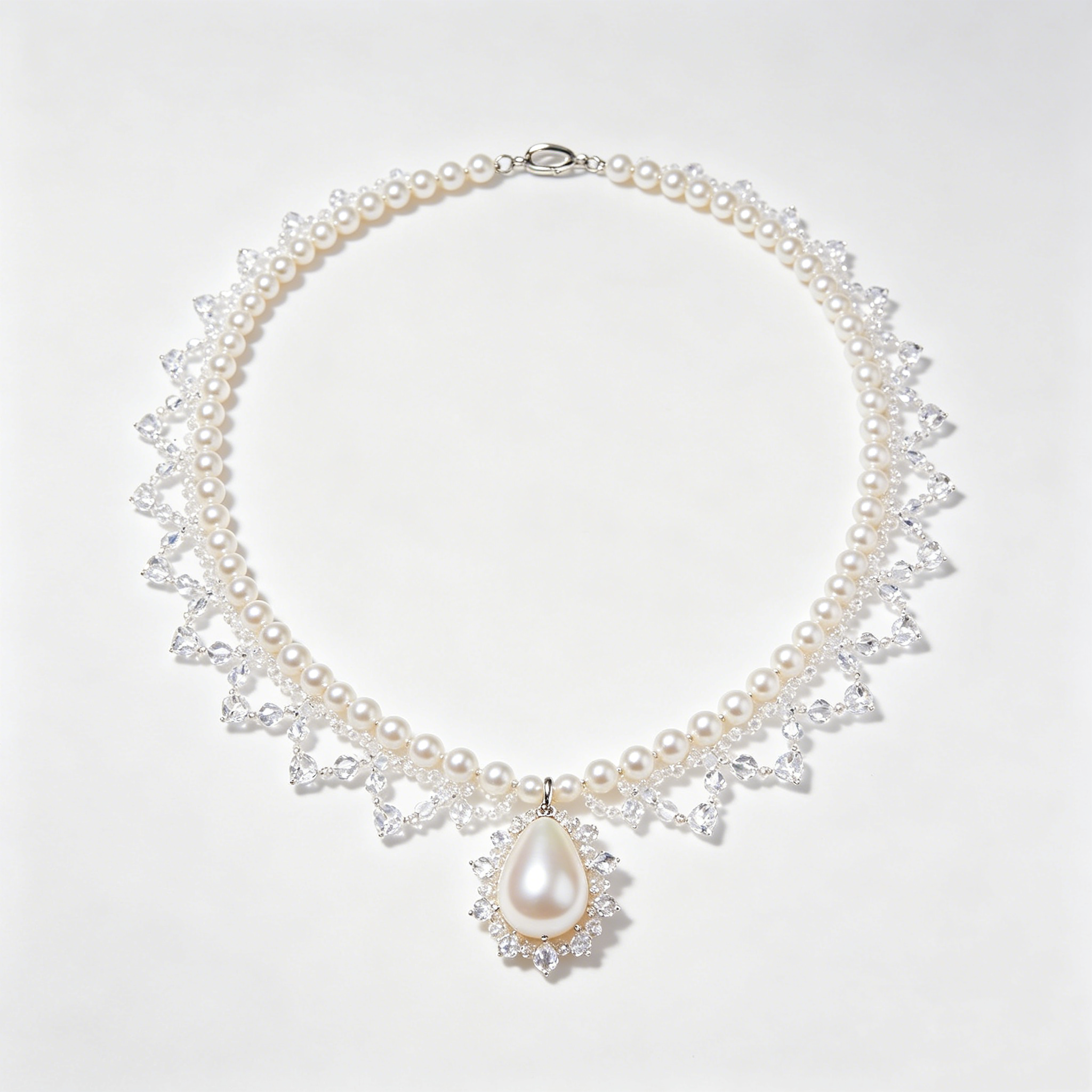 Crystal Fringe Pearl Bib Necklace with Teardrop Pendant