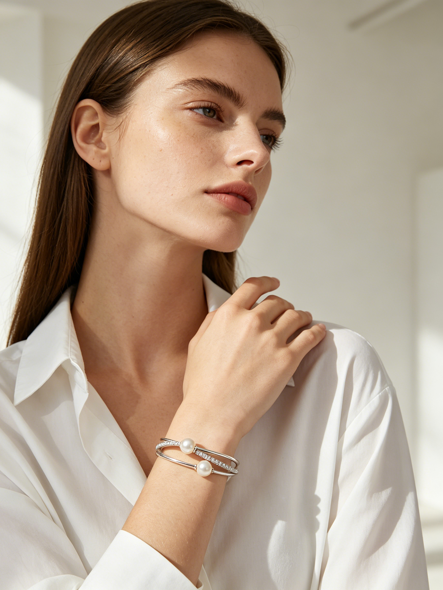 Triple Layer Pearl Rhinestone Bangle