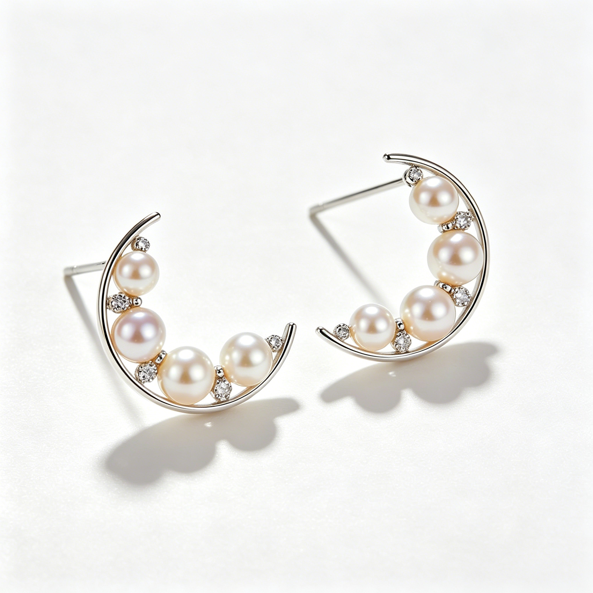 Crescent Moon Pearl Stud Earrings