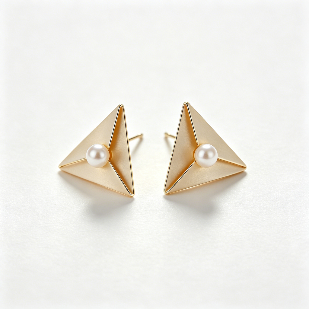 Origami Triangle Matte Gold Pearl Earrings