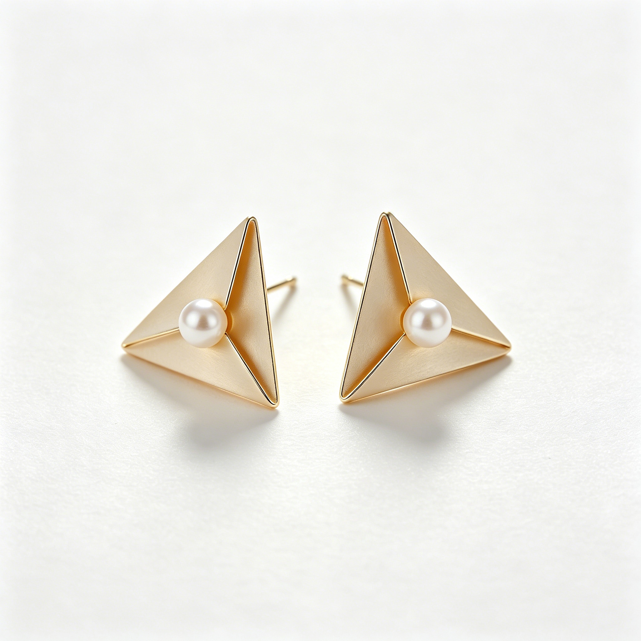 Origami Triangle Matte Gold Pearl Earrings