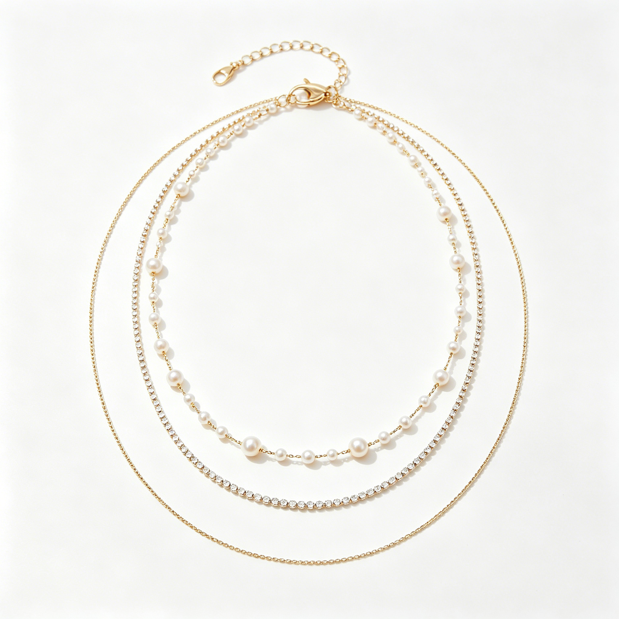 Three Layer Rhinestone Pearl Chain Necklace