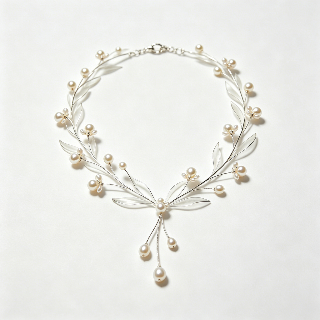 Silver Branch Leaf Floral Pearl Necklace