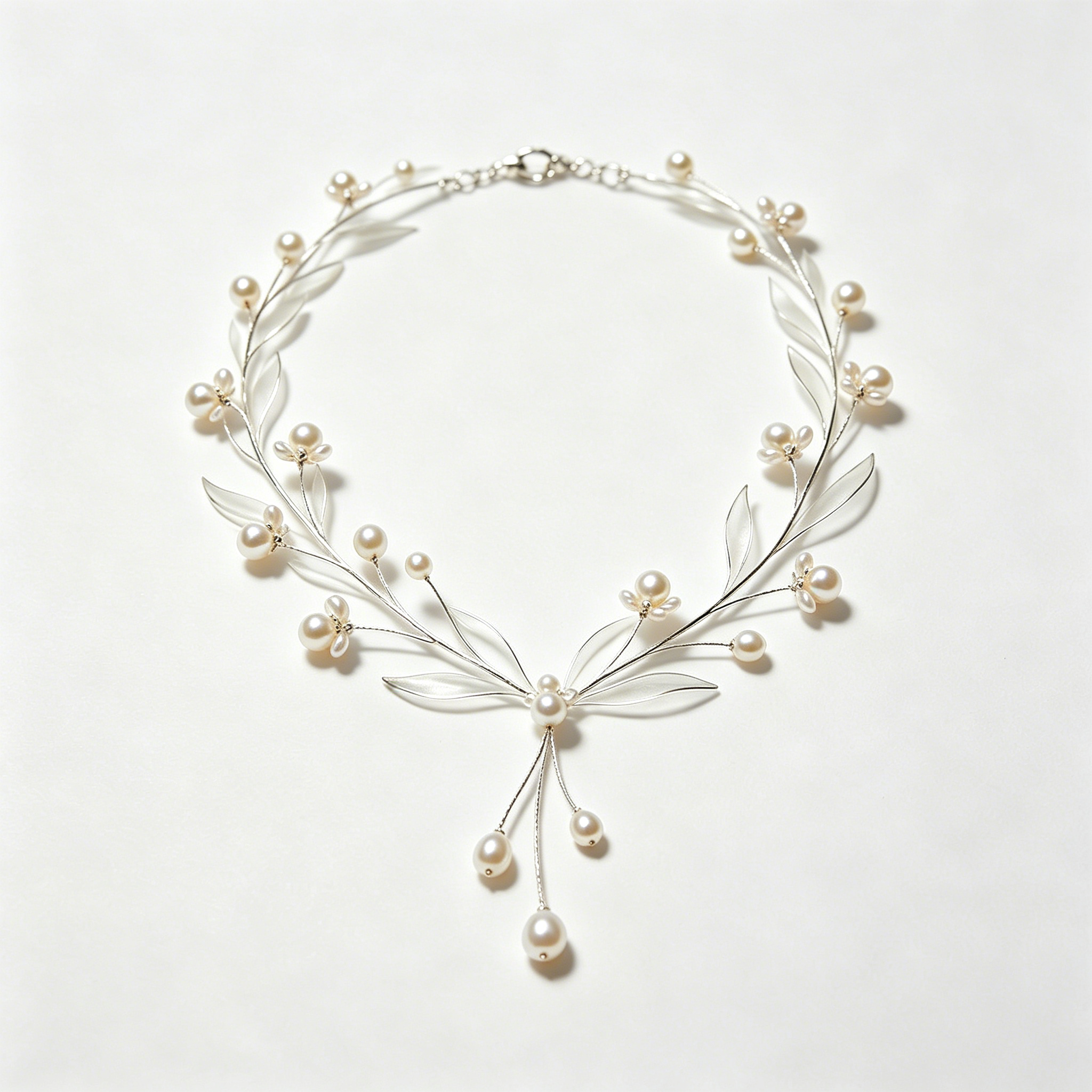 Silver Branch Leaf Floral Pearl Necklace