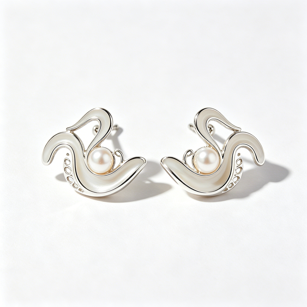 Wave Enamel Pearl Silver Earrings