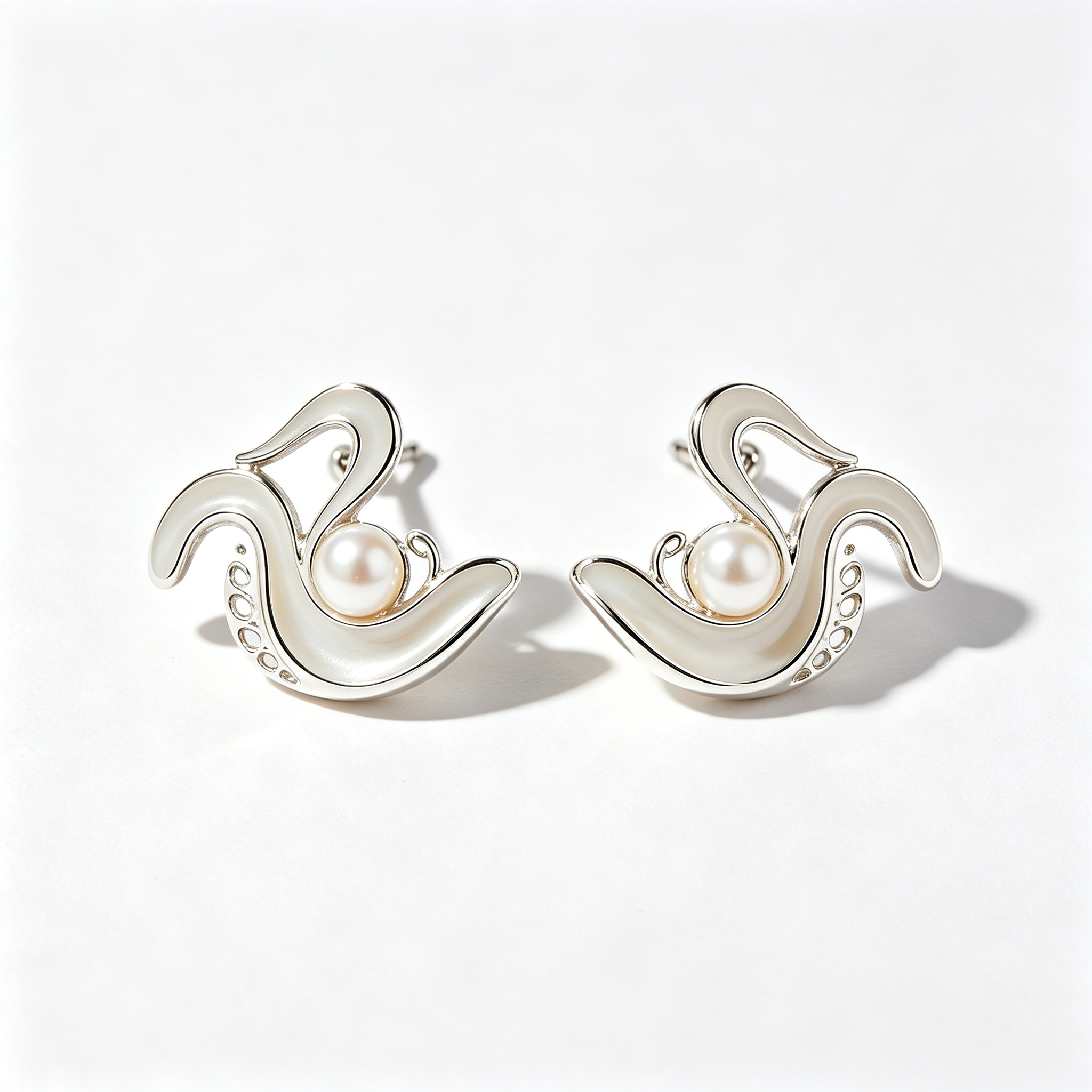 Wave Enamel Pearl Silver Earrings