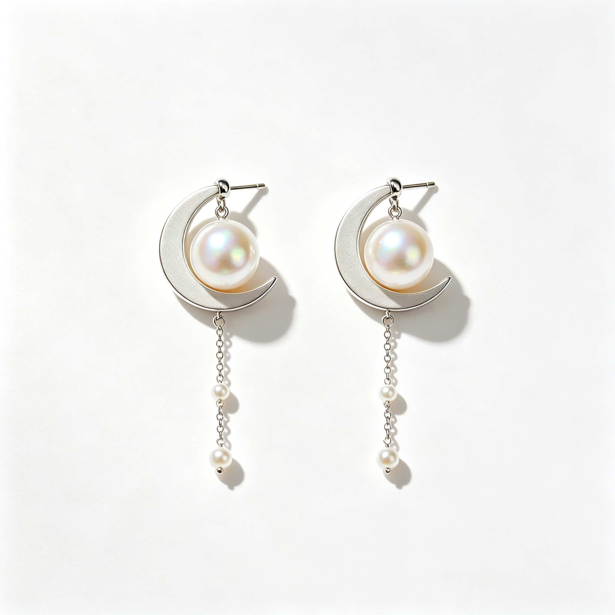 Crescent Moon Tassel Pearl Drop Earrings