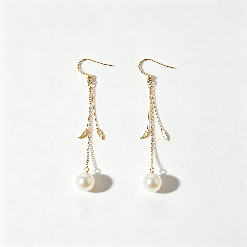 Double Chain Leaf Pearl Drop Earrings