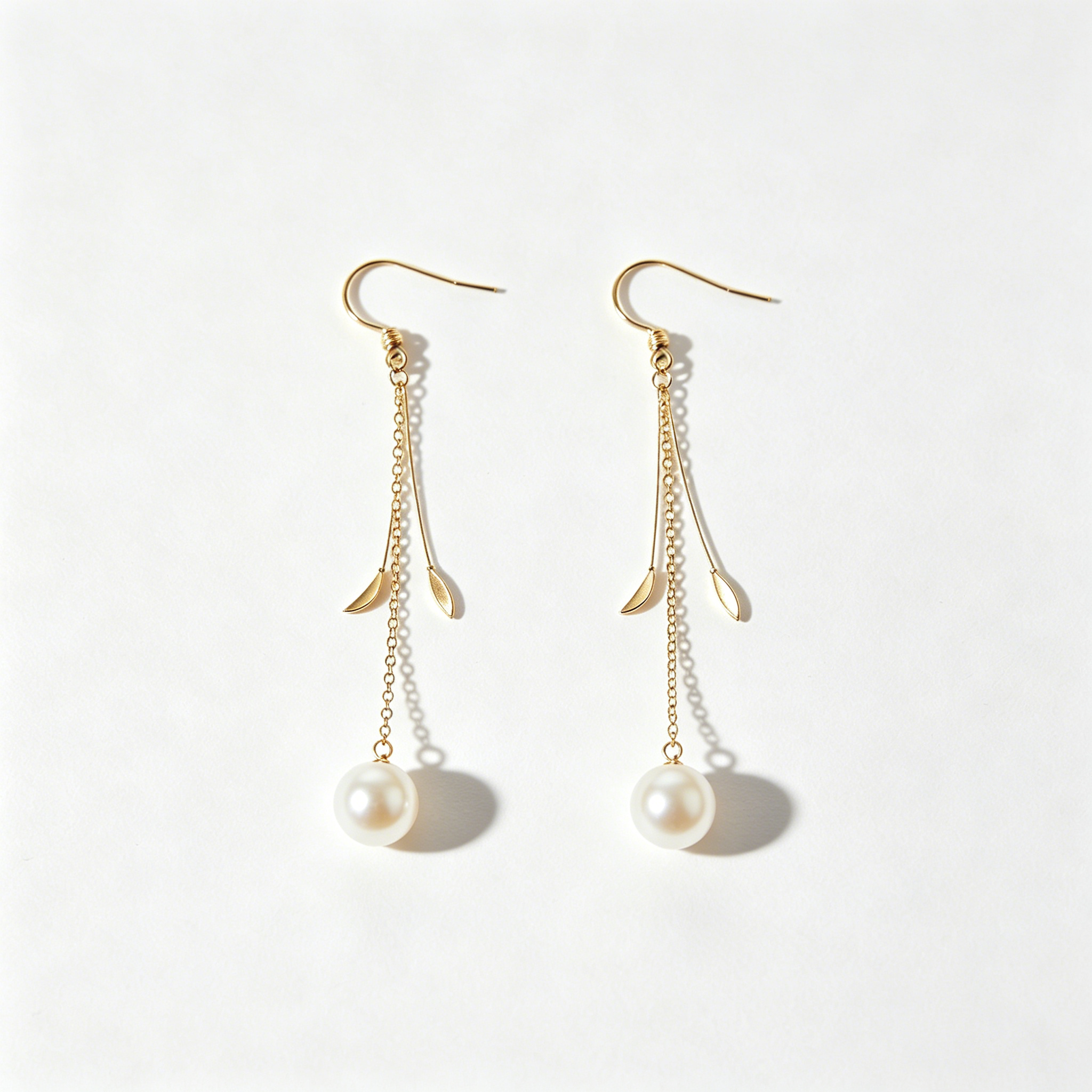 Double Chain Leaf Pearl Drop Earrings
