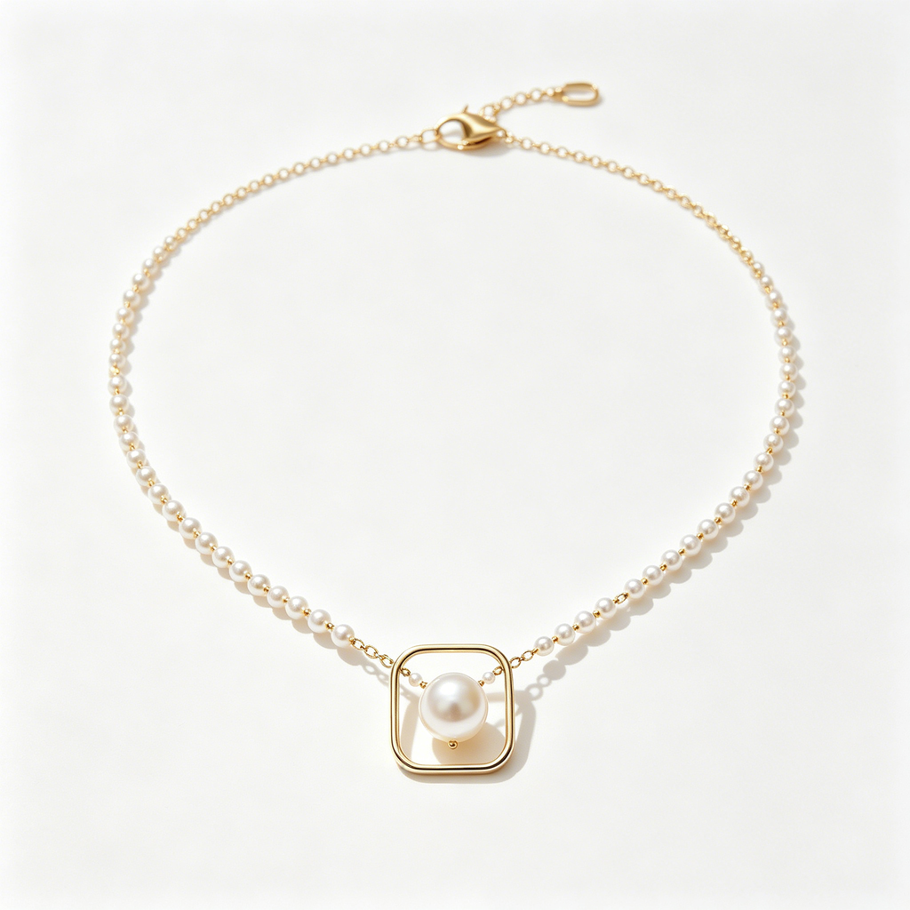 Square Frame Single Pearl Necklace