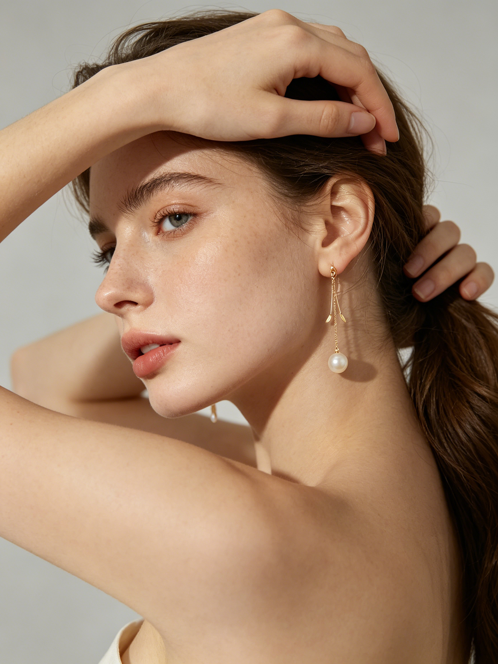 Double Chain Leaf Pearl Drop Earrings