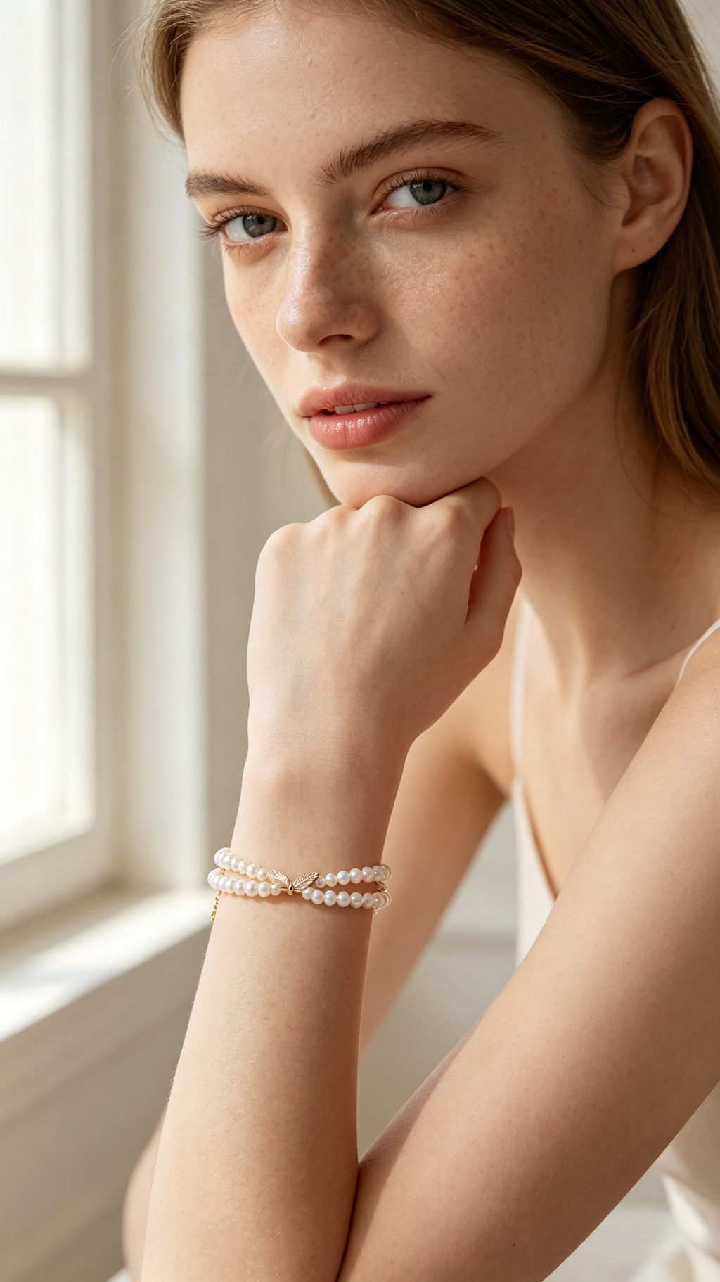 Double Strand Pearl Bracelet with Leaf Clasp