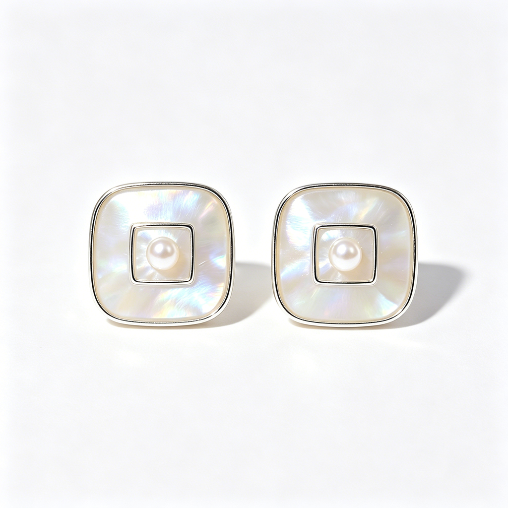 Square Mother of Pearl Inlaid Pearl Earrings