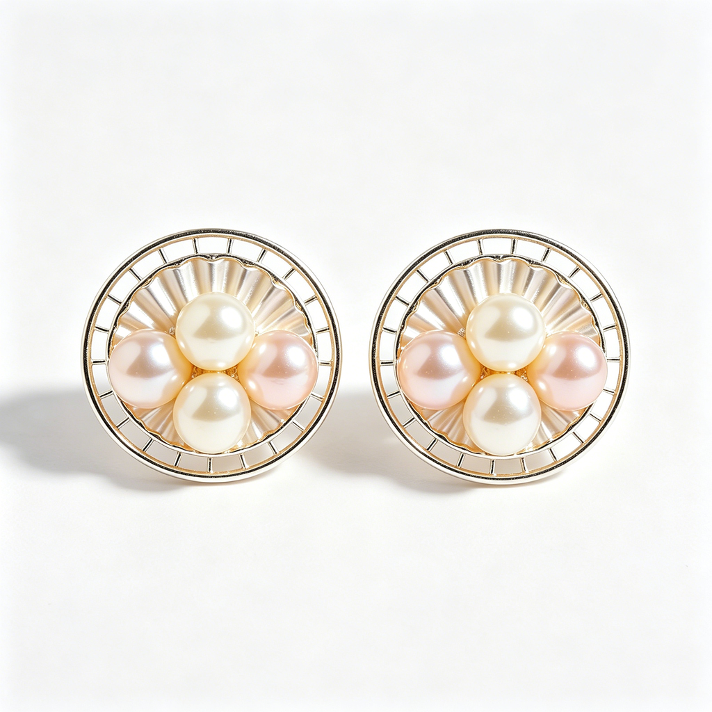 Four Pearl Flower Round Stud Earrings