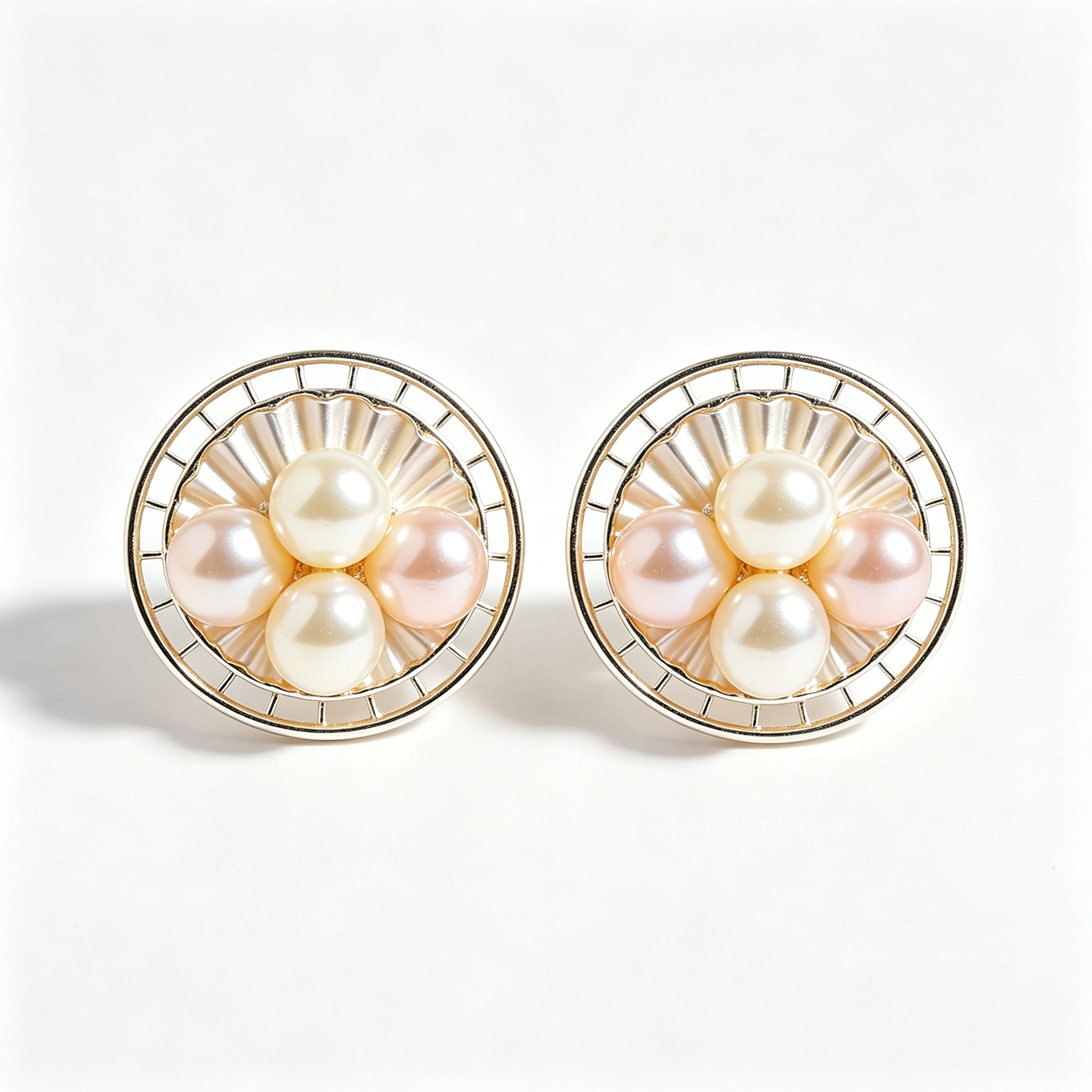 Four Pearl Flower Round Stud Earrings