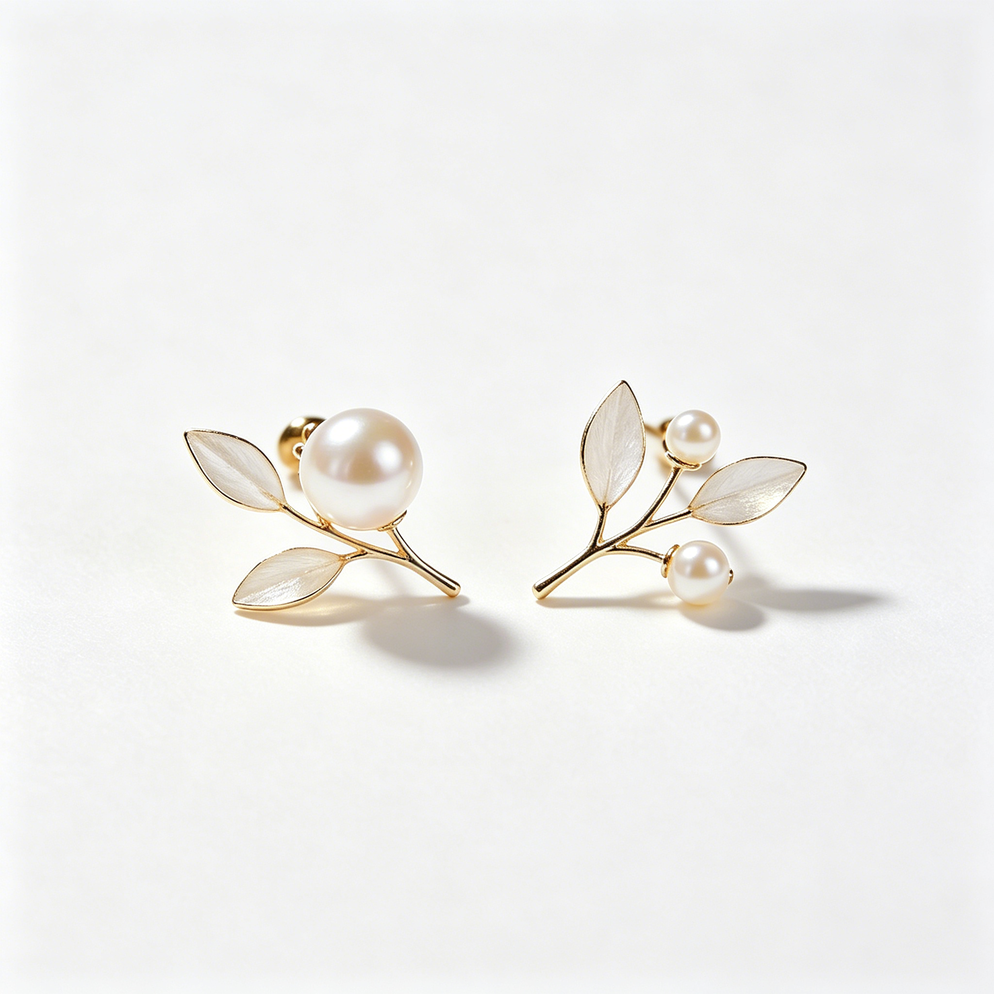 Asymmetrical Leaf Branch Pearl Stud Earrings
