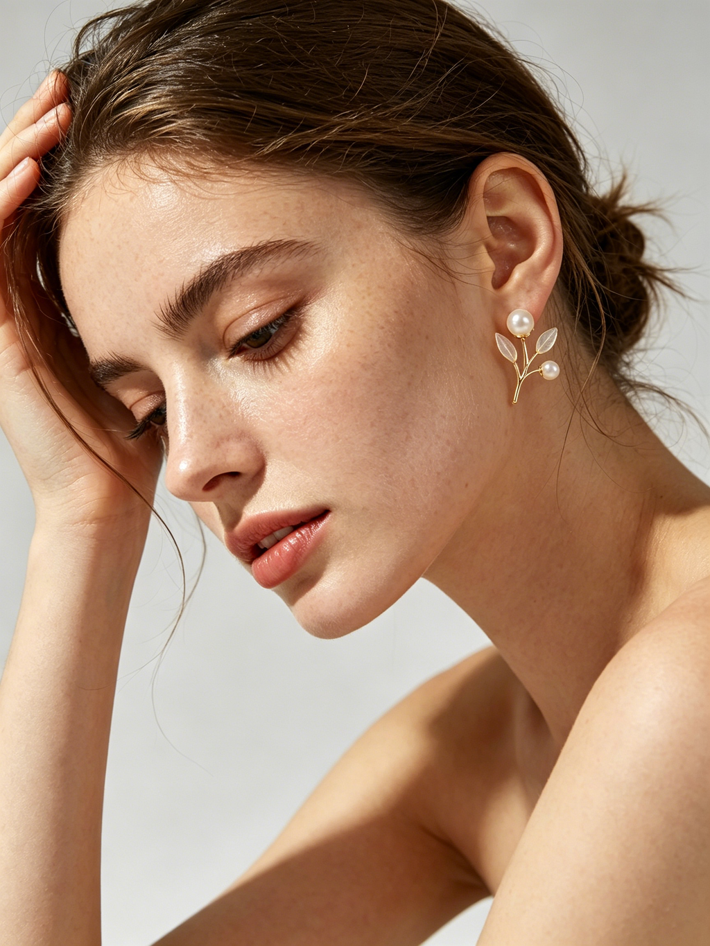 Asymmetrical Leaf Branch Pearl Stud Earrings