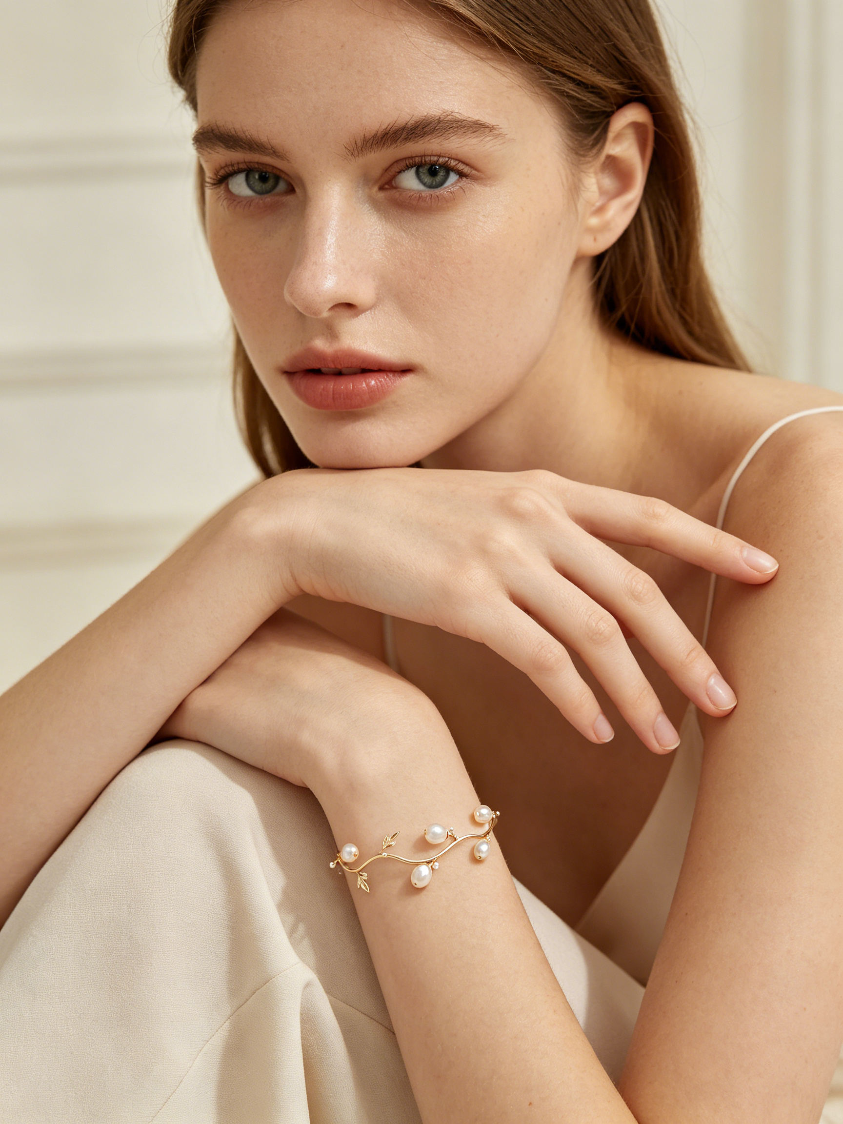 Branch Leaf Pearl Bangle Bracelet