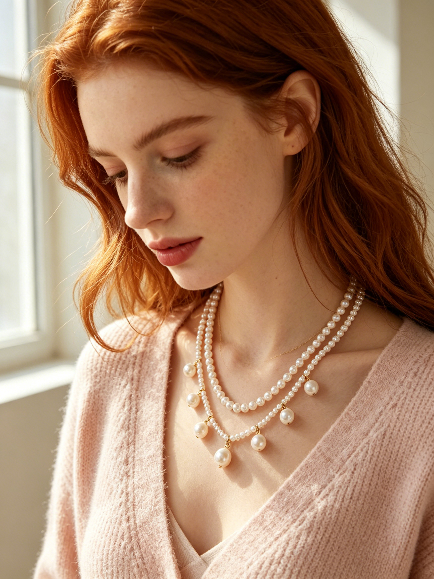 Double Strand Dangling Pearl Drop Necklace