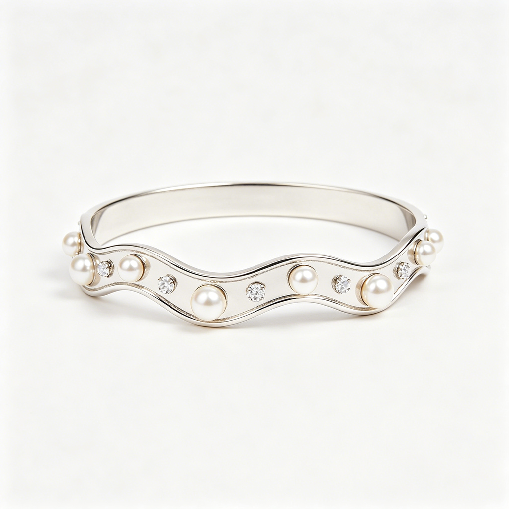 Wavy Silver Pearl Crystal Cuff
